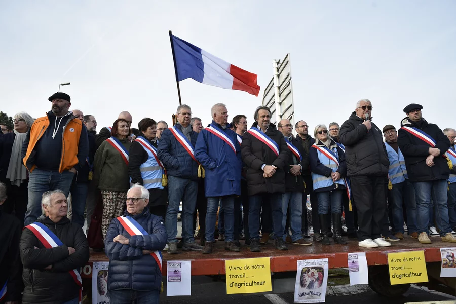 Jerome Guillem, mayor of Langon, and other French mayors, farmers and wine growers block highway entrances to the town of Langon, toward the A62 highway in Gironde, France, on Jan. 29.Pierrot Patrice/ABACA via Reuter