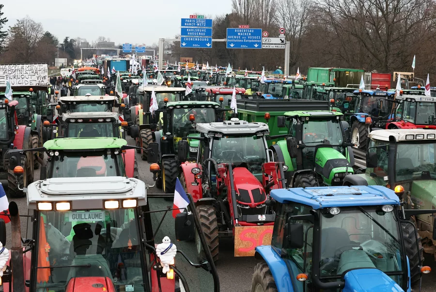 Farmers take part in a protest called by local branches of major farm unions, blocking the A35 highway with tractors near Strasbourg, eastern France, Jan. 30, amid nationwide protests called by farmers' unions.Frederick Florin/AFP via Getty Images
